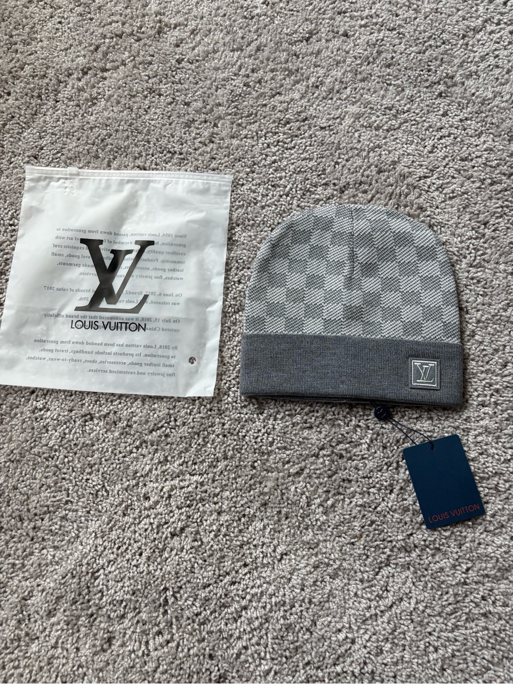 Louis Vuitton Gray Checkered Beanie Hat
